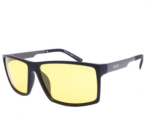 Okulary rozjaśniające na noc, prostokątne z żółtymi soczewkami w czarno srebrnej oprawce