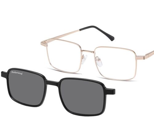 Sunoptic - Męskie oprawki korekcyjne złote prostokątne z nakładką przeciwsłoneczną clip-on UV400 polaryzacja