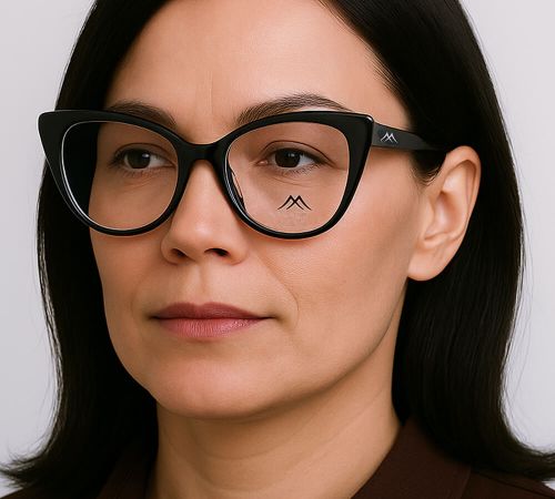 Modelka w czarnych oprawkach Montana MA35 (butterfly) 51 – prezentacja na twarzy
