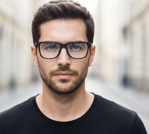 Mężczyzna w czarnych okularach do komputera z filtrem niebieskiego światła, idealnych do pracy przy ekranie – oferta eokulary.com.pl.