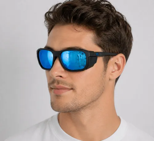 okulary fotochromowe GOG PAMIR E460-2C na twarzy modela niebieskie lustro UV400 kat 2-4.png