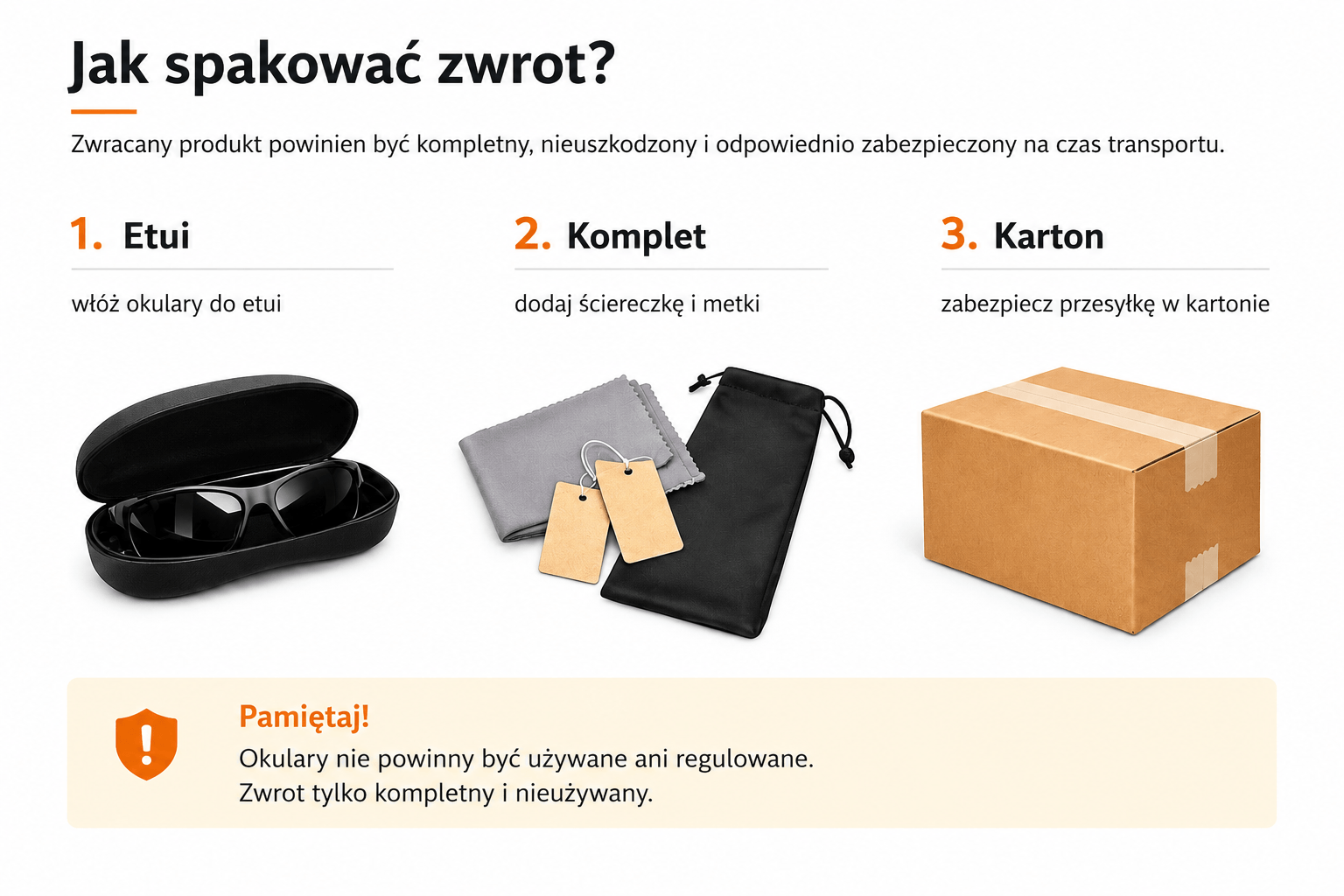 Jak spakować zwrot okularów – etui, komplet dodatków i karton